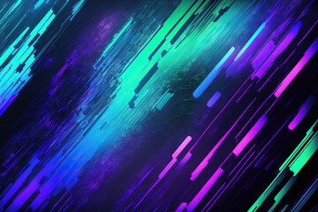 Abstract background in shades of blue, green, and purple with digital interlacing glitch and distortion effects. Future inspired cyberpunk style. Retro webpunk, rave, 80s and 90s cyberpunk, and neon h