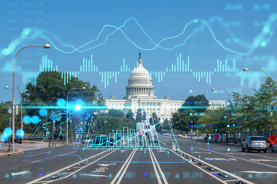 Capitol dome building exterior, Washington DC, USA. Home of Congress, Capitol Hill. American political system. Forex graph hologram. The concept of internet trading, brokerage and fundamental analysis - Powered by Adobe