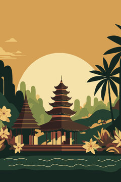 bali hindu temple, balinese culture background indonesia tourism retro style