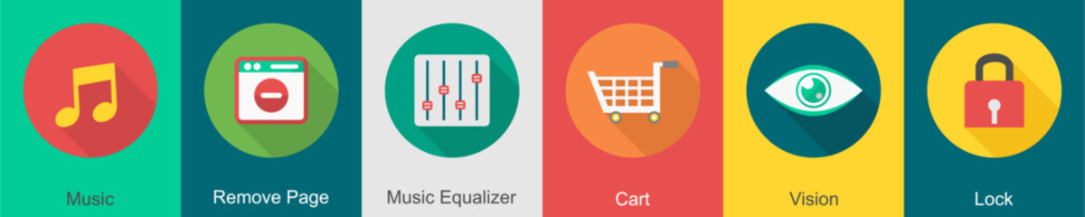 A set of 6 User interface icons as music, remove page, music equalizer