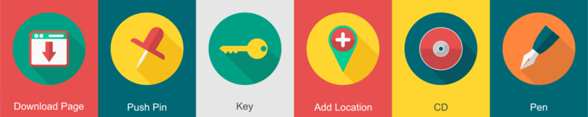 A set of 6 User interface icons as duplicate page, push pin, key