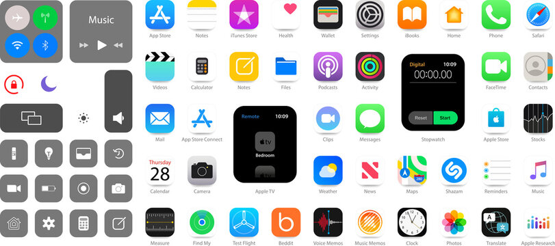IOS 15 icons Apple inc: Apple Store, Apple ID, Swift UI, CardPointers, Widgets, SharePlay, Podcasts, iTunes, iBooks, Apple TV, Clock, Wallet, Notes, Phone, Maps etc