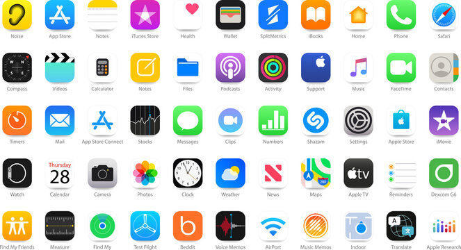 IOS 15 icons Apple inc: Apple Store, Apple ID, Swift UI, CardPointers, Widgets, SharePlay, Podcasts, iTunes, iBooks, Apple TV, Clock, Wallet, Notes, Phone, Maps etc