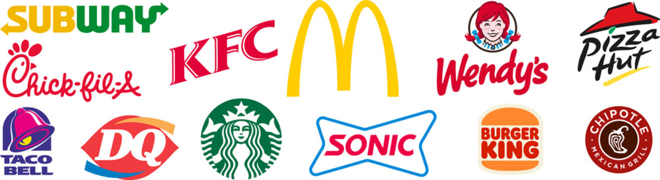 Fast food restaurant chains: McDonald's, Starbucks, Subway, KFC, Burger King, Taco Bell, Wendy’s, Dairy Queen, Pizza Hut, Chick-fil-A, Sonic, Chipotle Mexican Grill