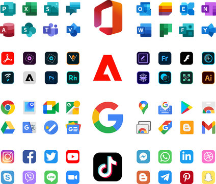 Microsoft Office 365: Outlook, Exchange, OneNote, Publisher, Excel, Planner Etc. Google LLC. Official Logotypes Of Google Apps. Adobe Products. Social Media Icons