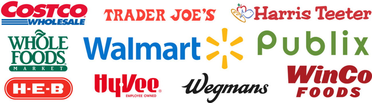 Big supermarkets: Walmart, Costco, Publix, Whole Foods Market, Harris Teeter, Wegmans Food Market, Hy-Vee, Trader Joe’s, H-E-B, WinCo Foods