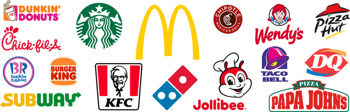 Fast food restaurant: McDonalds, Starbucks, Subway, KFC, Burger King, Taco Bell, Wendy's, DQ, Pizza Hut, Chick-fil-A, Dunkin Donuts, Chipotle Mexican, Papa John's, Baskin-Robbins, Jollibee, Domino's