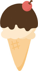 Cute vanilla ice cream cone with hot fudge sauce and cherry on top. Hand drawn doodle illustration.