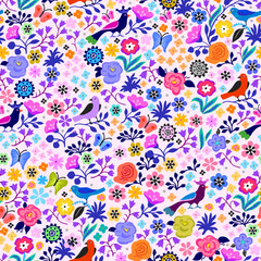 A pattern of fabulous flowers and birds in lilac tones. On a pink background.