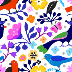A pattern of fabulous flowers and birds in purple and blue tones on a white background.