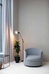 Modern interior. Gray armchair and floor lamp. Photo studio.
