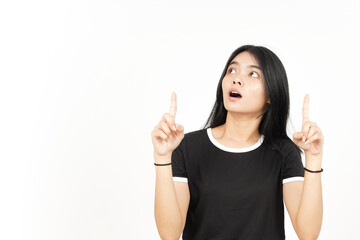Shocked Face And Pointing Up showing blank copy space Of Beautiful Asian Woman Isolated On White