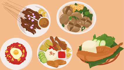 Set Culinary Traditional Food With Satay, Meatball,Fried Rice,Chicken Salad
