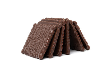 Biscuit Coated in Dark Chocolate Isolated, Square Cookies, Rectangular Shortbread, Crunchy Digestive Cookie