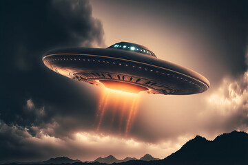 Fototapeta na wymiar UFO or alien spaceship in the sky hovering motion, ai generative illustration.