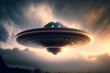 Fototapeta na wymiar UFO an alien saucer hovering over cloudy sky, ai generative illustration.