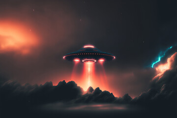 Fototapeta na wymiar UFO, alien spaceship with extraterrestrial visitors, flying saucer hovering motion in the sky, ai generative.
