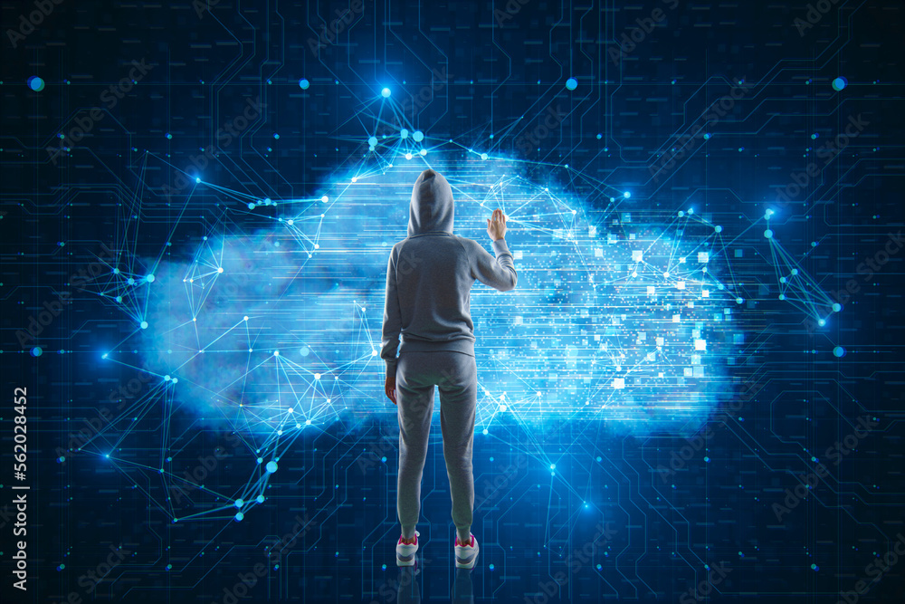 Aufkleber Back view of hacker using digital glowing polygonal cloud mesh on blurry blue background. Storage technology concepts, theft, transfer data to cloud computing platforms.