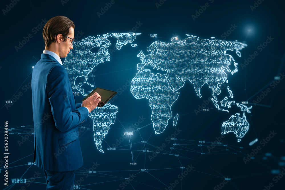Poster attractive young caucasian businessman using tablet with glowing pixel map hologram on blurry blue b