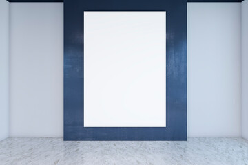 Abstract concrete room design with empty white mock up banner on wall. 3D Rendering.