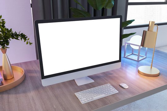 Creative wooden designer office desktop with blank white computer monitor, decorative plant and other objects. Mock up, 3D Rendering.