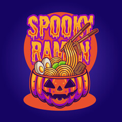 Japanese ramen noodle on scary pumpkin bowl illustration
