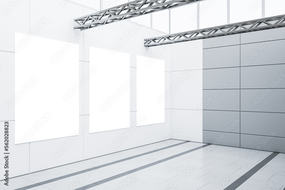 Poster modern empty white garage interior with mock up poster frames. warehouse concept. 3d rendering.