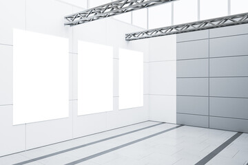 Fototapeta premium Modern empty white garage interior with mock up poster frames. Warehouse concept. 3D Rendering.
