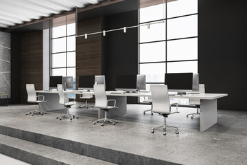 Contemporary meeting room interior with furniture, stairs and window with city view. Wooden and concrete materials. 3D Rendering.