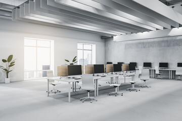 Contemporary light concrete and wooden coworking office interior with furniture, equipment, window with city view and sunlight. Workplace and loft space concept. 3D Rendering.