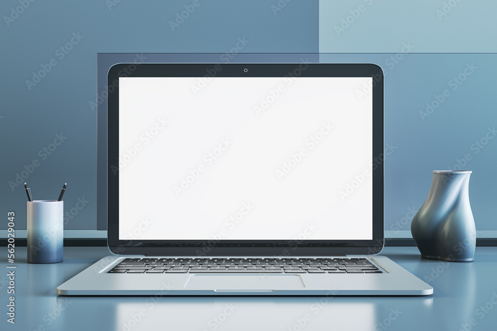 Poster close up of empty white laptop computer on blue office desktop with supplies and mock up place. work