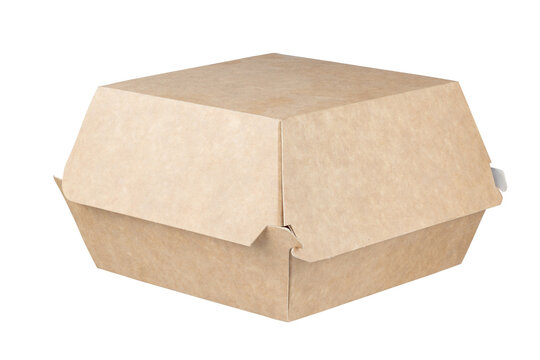 Craft brown closed burger eco box isolated on white background. Eco-friendly food packaging. Full Depth of field. Focus stacking. Png