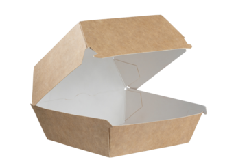 Craft open brown burger eco box isolated on white background. Eco-friendly food packaging. Full Depth of field. Focus stacking. Png