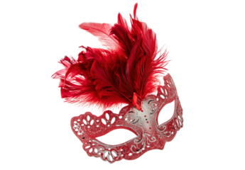Venetian carnival mask red color with feathers isolated Transparent background, PNG.