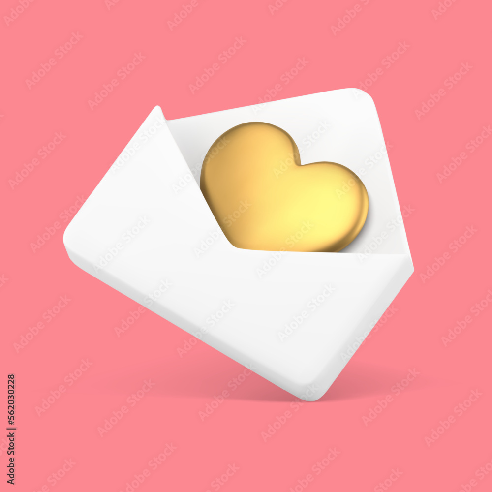 Poster white open envelope with golden heart romantic email notification isometric 3d icon realistic vector