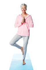 Portrait, yoga namaste and senior woman in studio isolated on a white background mock up. Zen...