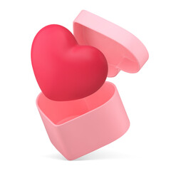 Red heart in pink open gift box romantic surprise decor design element 3d icon realistic vector