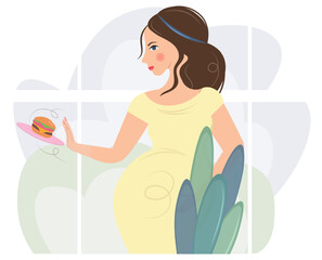 A pregnant woman refuses a hamburger. No fast food. Unhealthy, fatty, high-calorie food. Diet and healthy lifestyle. Vector flat isolated illustration. The concept of healthy eating, safe pregnancy.