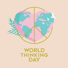 VECTORS. Editable banner for World Thinking Day, celebrated by the Girl Guides and Girl Scouts on February 22. International friendship, peace, environment, planet earth in the shape of a heart, doves