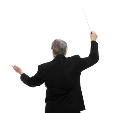 Professional conductor with baton on white background, back view
