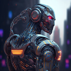 Illustration de robot futuriste doté d'une intelligence artificielle, AI genarated, vue 01 