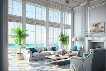 Large living room with a sea view in a lavish summer beach home, modern furniture. interior of a holiday house or villa - generative ai - obrazy, fototapety, plakaty