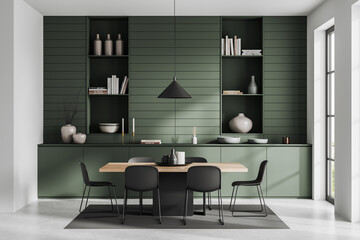 Front view on bright dining room interior with dining table