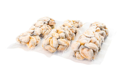 Packed Frozen Mussels Isolated, Frozen Peeled Mussel, Mussels Meat, Iced Seafood, Cooked Shellfish
