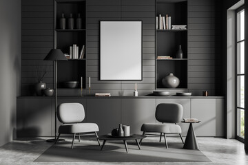 Front view on dark living room interior with empty poster