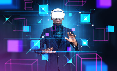 African American businessman wearing vr headset is watching at m