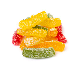 Gummy Candy Pile Isolated, Chewing Colorful Marmalade Sticks, Jelly French Fries Heap, Gelatin Candies