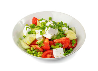 Greek Salad Isolated, Horiatiki Salat with Tomatoes, Cucumbers, Onion, Feta Cheese in White Bowl