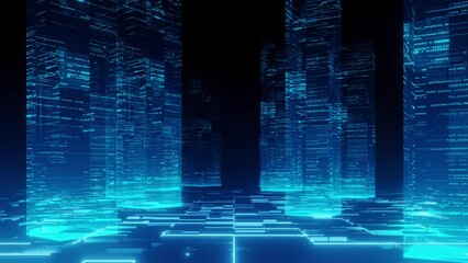 Big data server futuristic flow code in cyber space room, camera fly through animation, blue flicker code, 4k resolution, technology background concept. - Powered by Adobe
