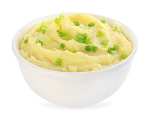 Bowl of tasty mashed potato with green onion isolated on white
